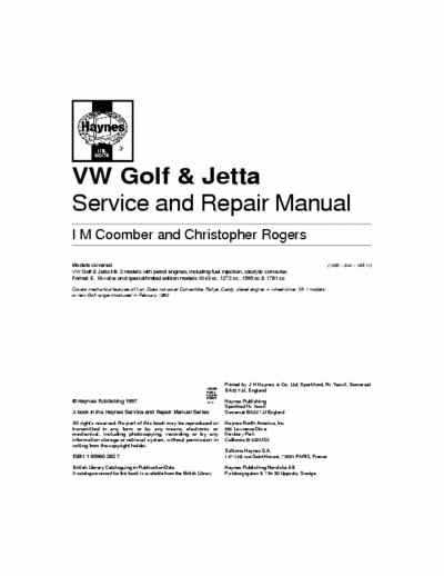 Volkswagen VW Golf & Jetta II VW Golf & Jetta II Service and Repair Manual